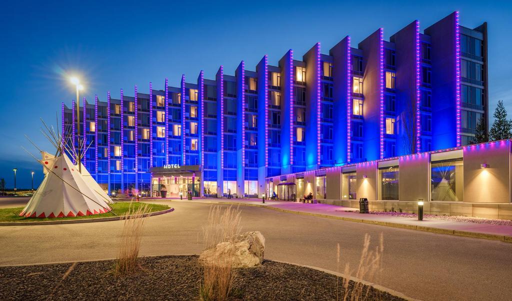 Elegant resort exterior with warm evening light
