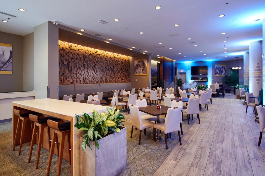 Warm restaurant interior with refined seating