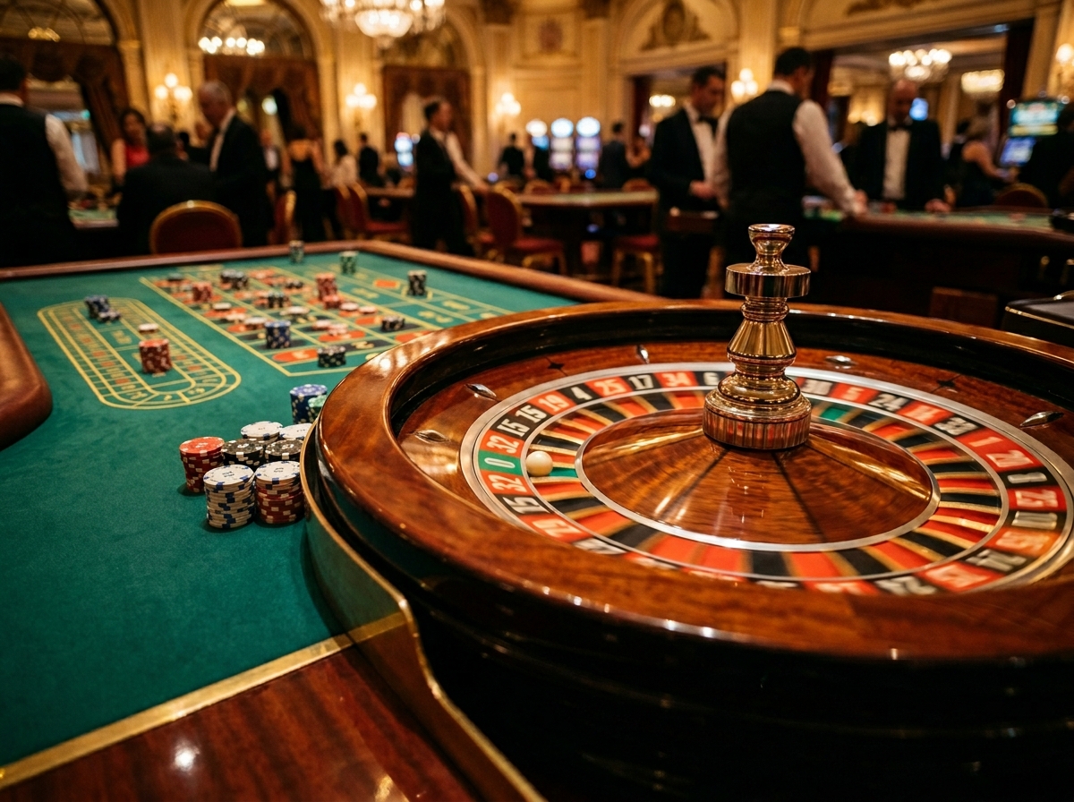 Elegant roulette wheel with warm casino lighting